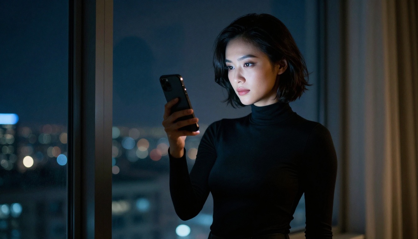 A woman standing near a large window at night, phone illuminating her face with city lights behind her