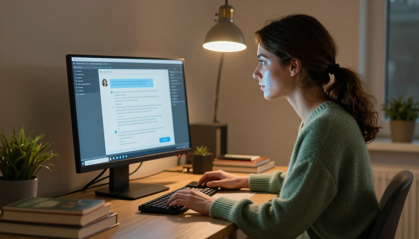 A woman at a writing desk with a monitor showing an AI chat interface, warm desk lamp lighting