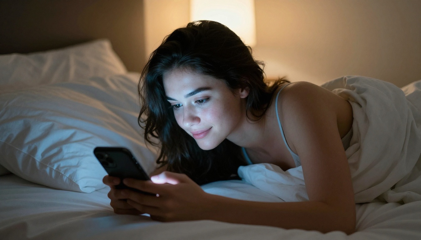 Woman lying on a bed at night, glowing smartphone screen casting soft light across her face as she reads messages from her AI companion