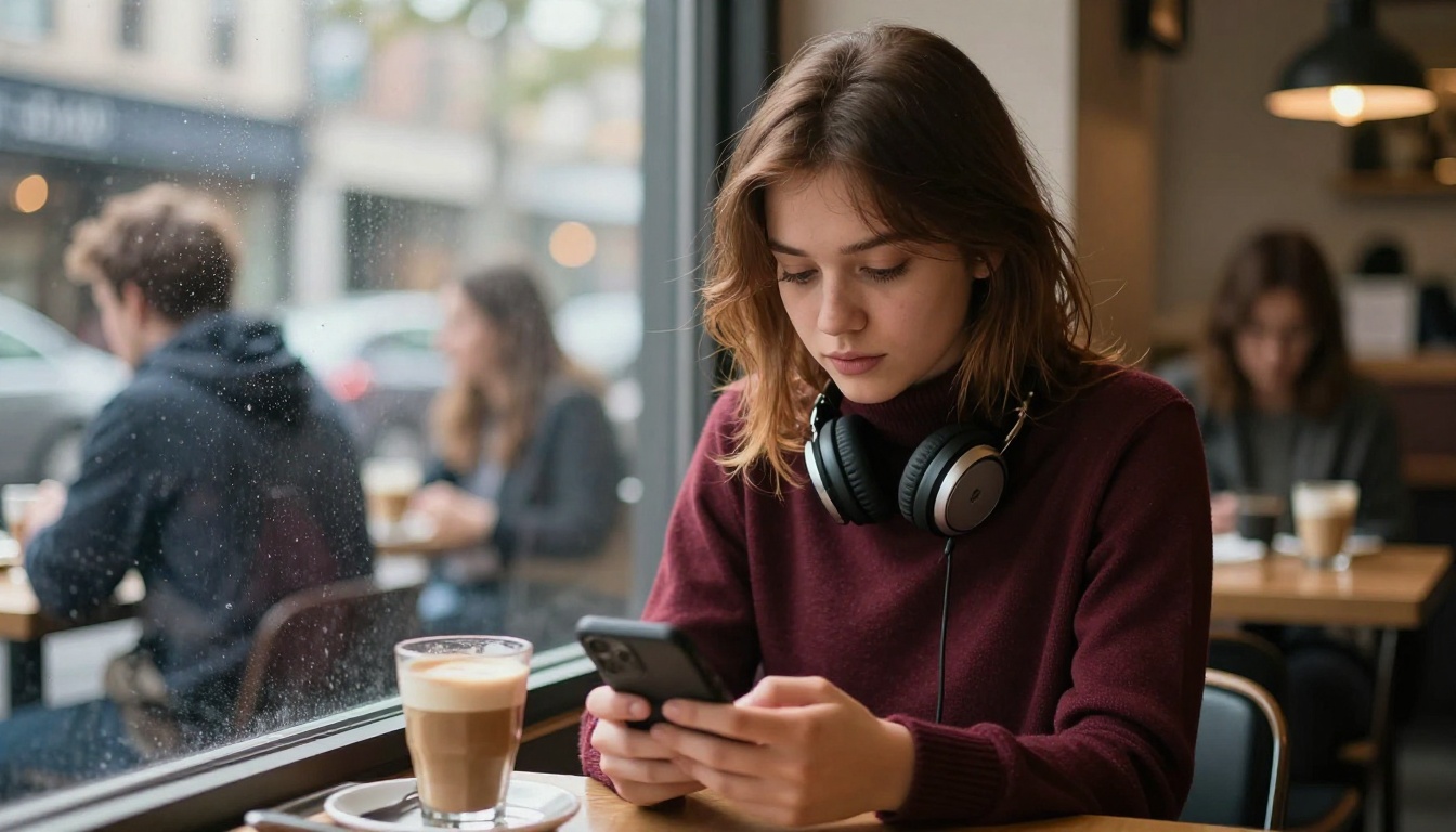 Young woman sitting alone at a café, deeply focused on her phone with a soft intimate expression, afternoon sunlight through rain-speckled window