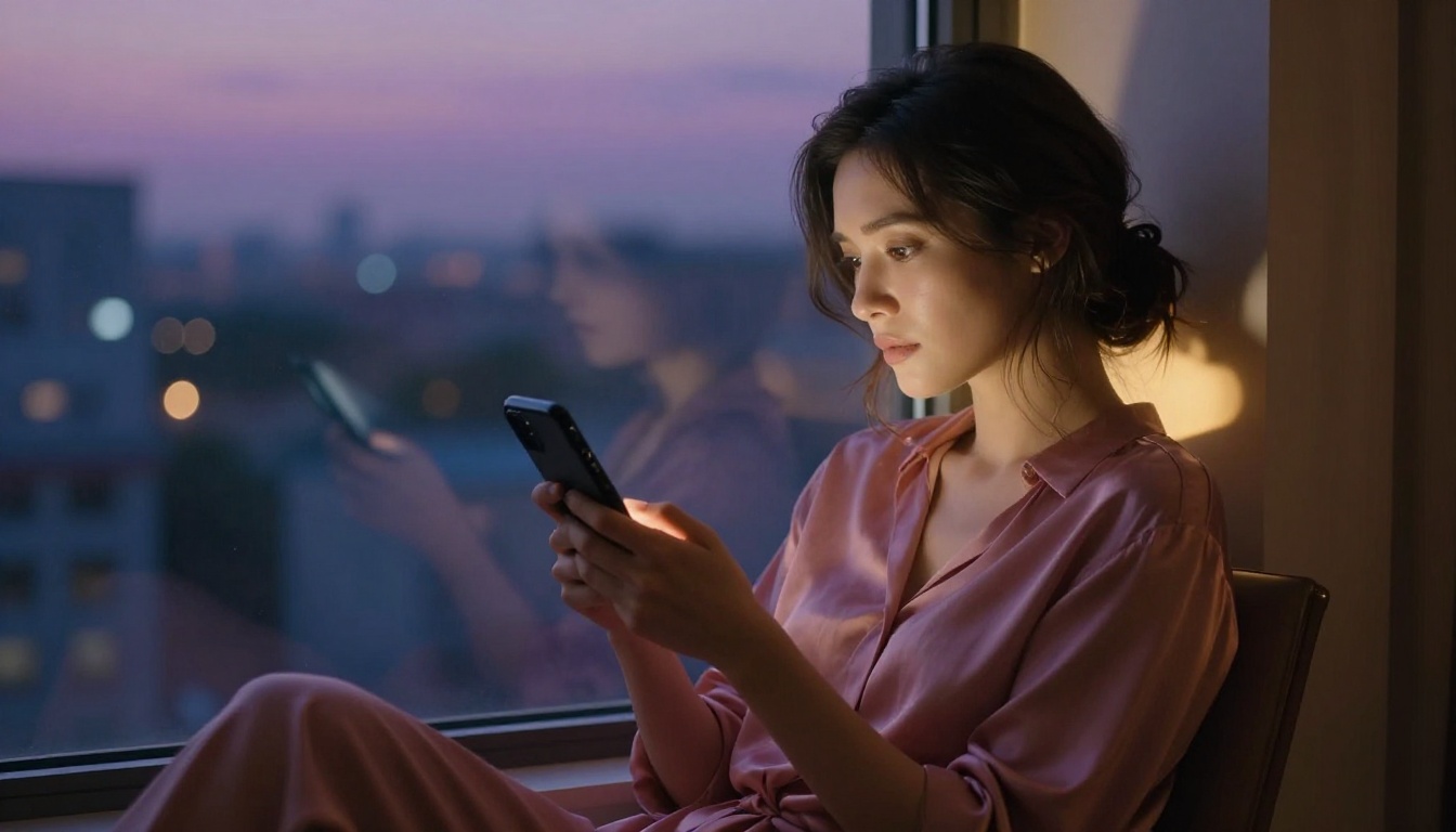 Woman sitting at a window seat at dusk, city lights beginning to twinkle outside, looking at phone with a longing expression