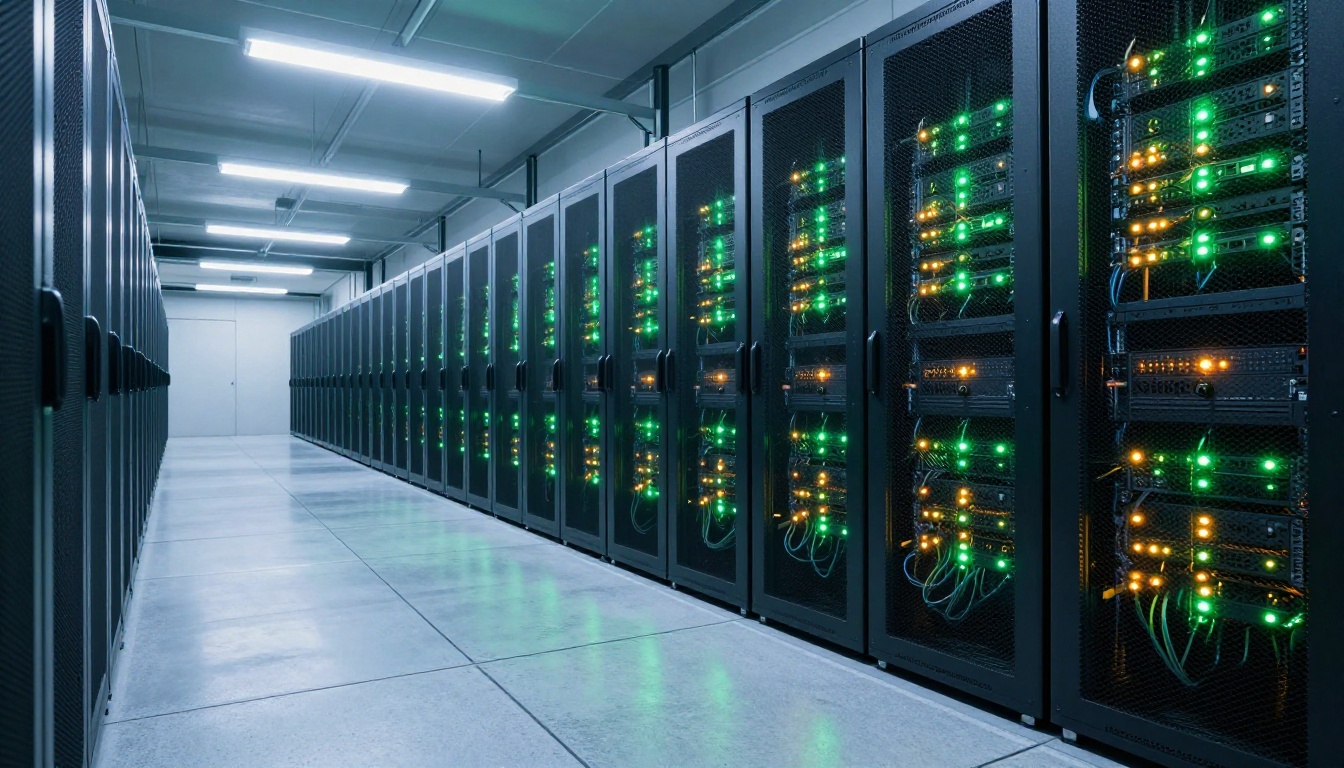 Wide angle shot of a modern data center corridor, rows of server racks with soft green and amber indicator lights on polished concrete floor