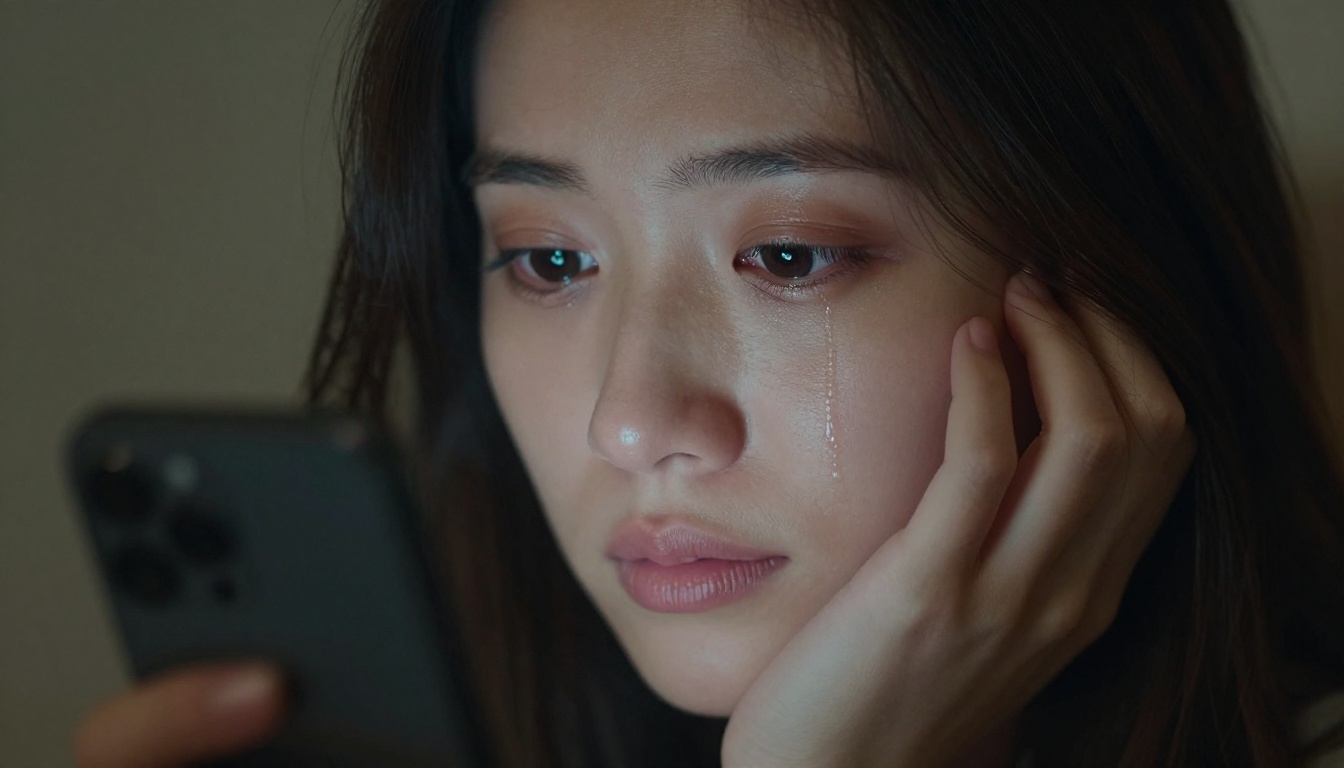 Intimate close-up portrait of a young woman, her cheek resting against her phone screen, eyes glistening with a complex emotional expression in dim light