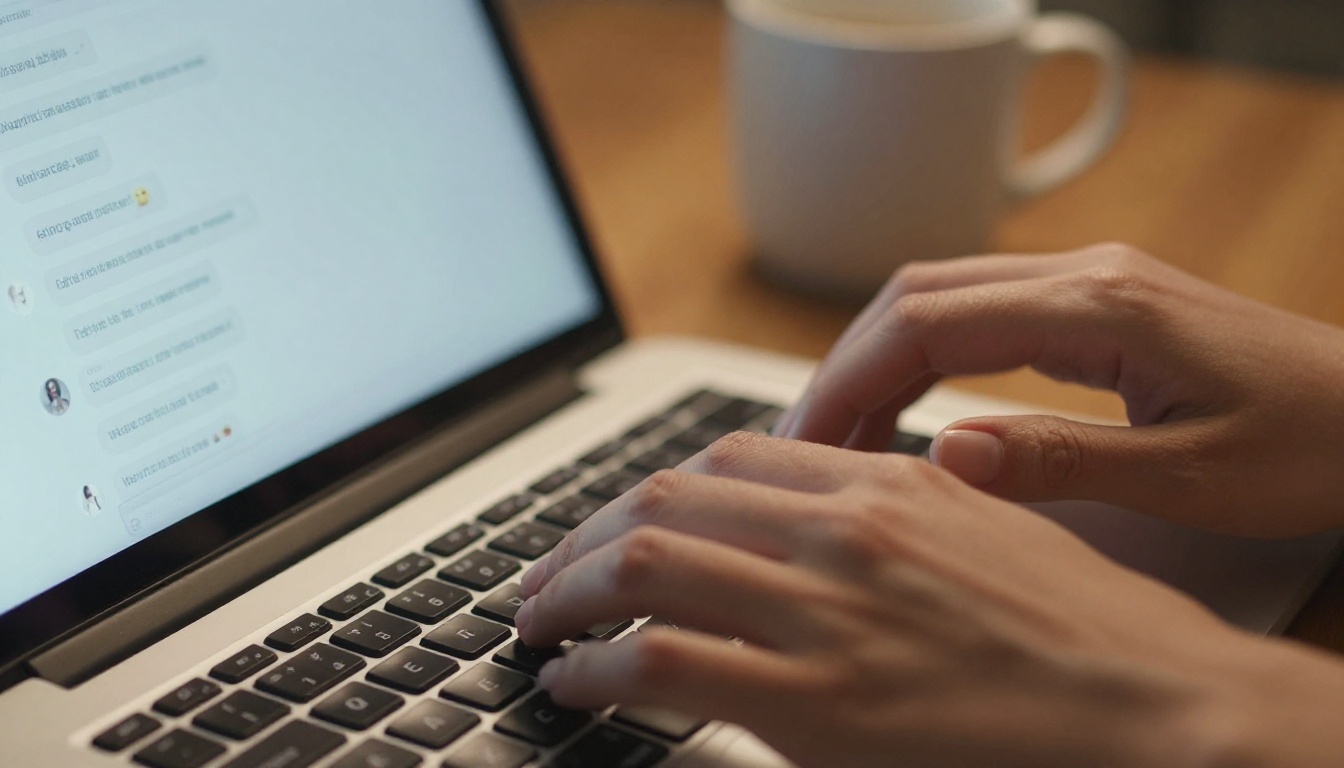 Hands typing on laptop with AI chat interface