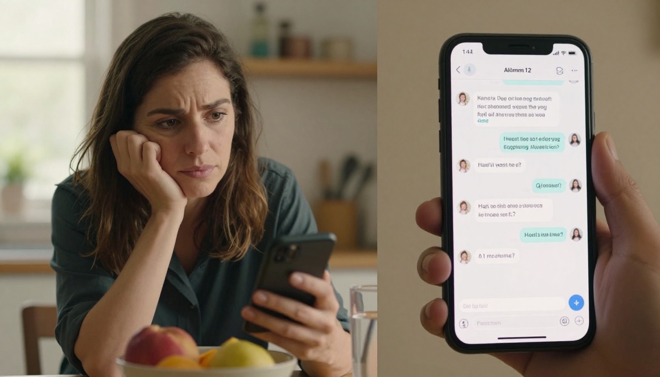 A photorealistic composition showing a woman looking thoughtfully at her phone alongside a visible AI chat interface on the screen
