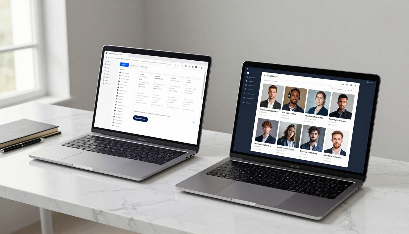 Two laptops showing AI platform interfaces on marble desk