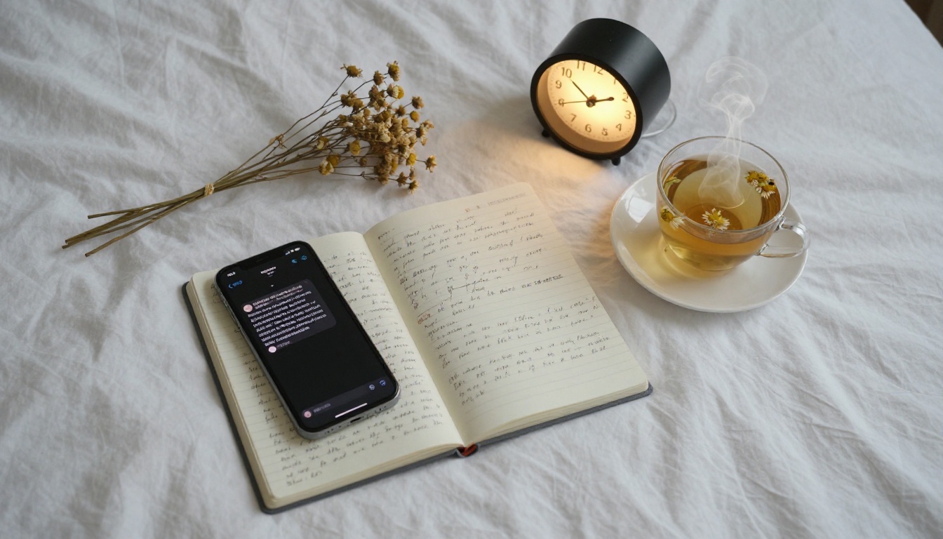 Photorealistic overhead flat-lay of a smartphone with chat interface, open journal, dried flower bouquet, and chamomile tea on white linen bed