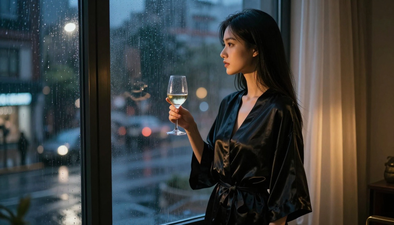 Woman in silk robe by rainy window at night