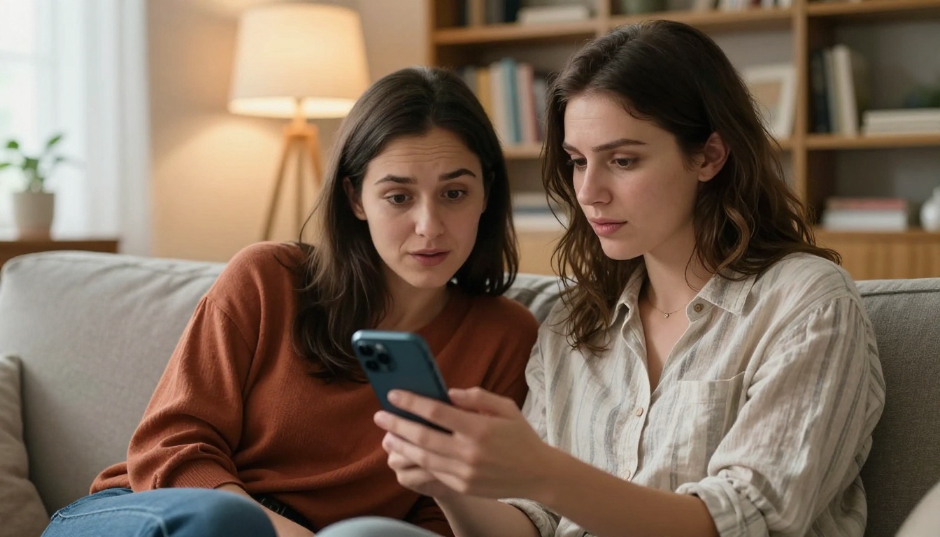 Two women friends sitting close together on a sofa, one showing the other something on her phone screen, both with curious and amused expressions