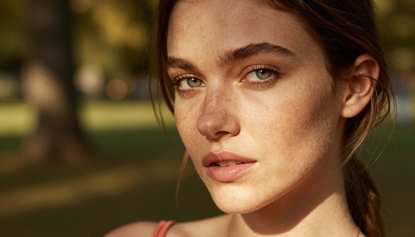 Close-up portrait of woman with green eyes in park light