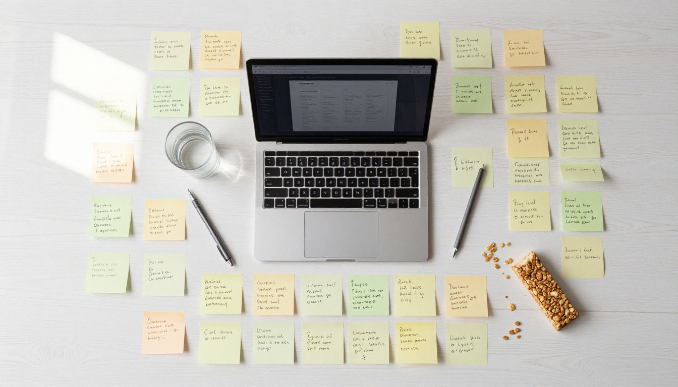 Aerial flat-lay of desk covered in colorful sticky notes around a centered laptop