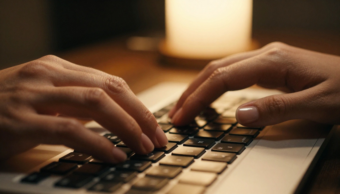 Close-up of hands in motion typing on a backlit mechanical keyboard at night
