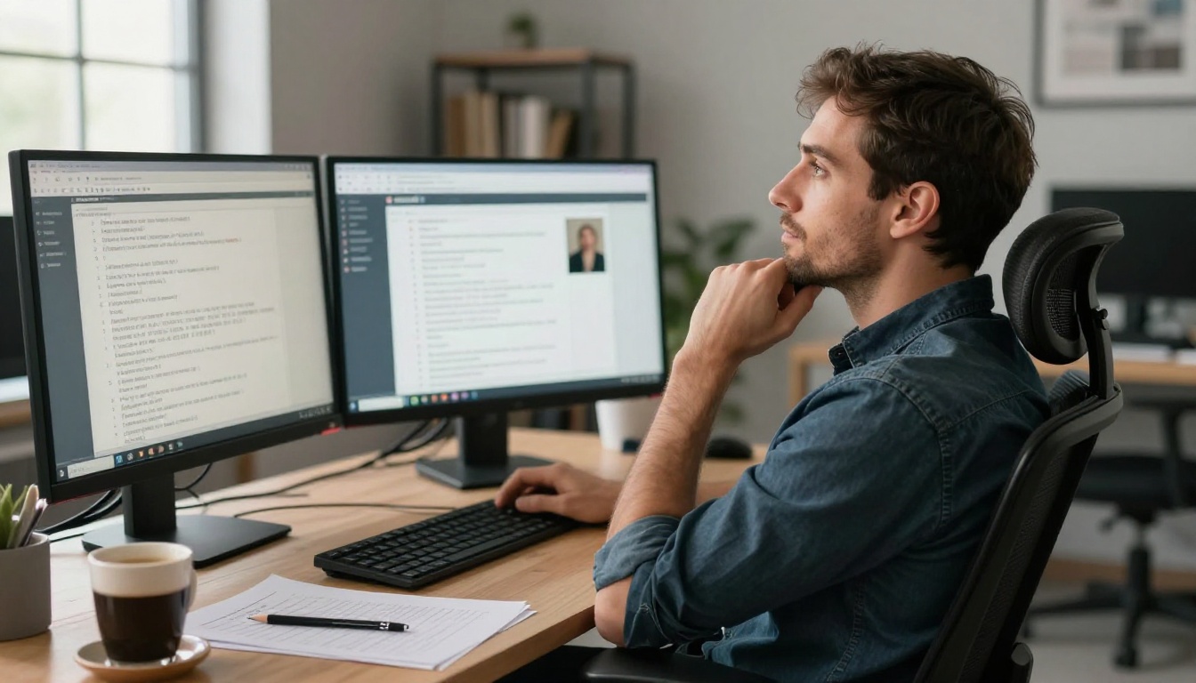 Man leaning back at dual-monitor workstation comparing AI interfaces side by side