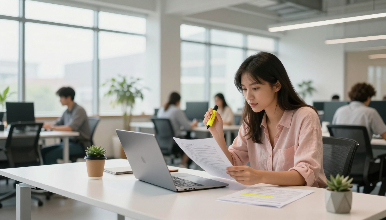 Woman at bright coworking space reviewing highlighted printed pages