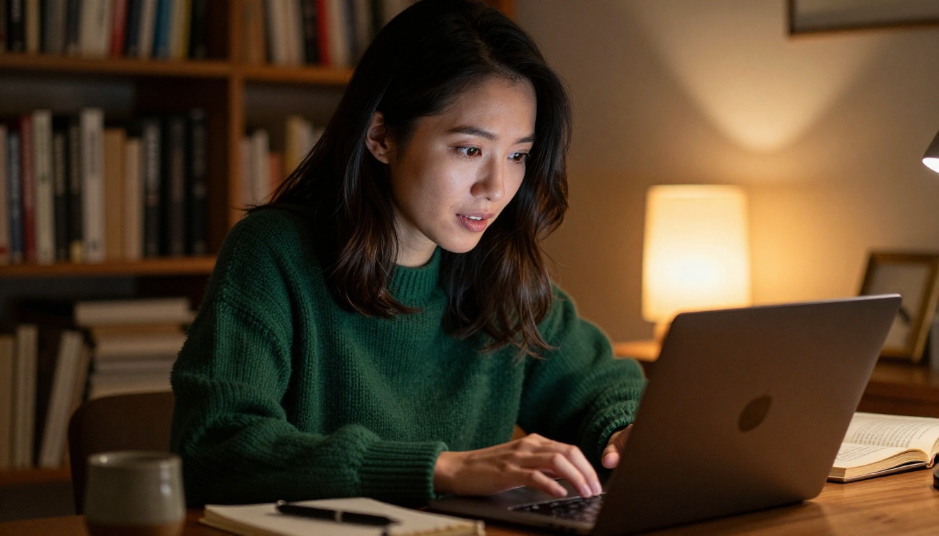 Woman working intently at a laptop in warm home study lighting
