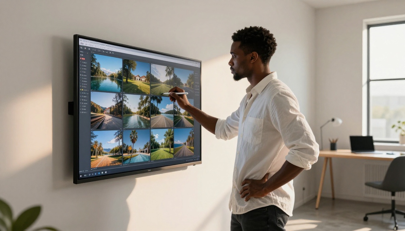 Man reviewing a grid of AI-generated images on a large wall-mounted touchscreen