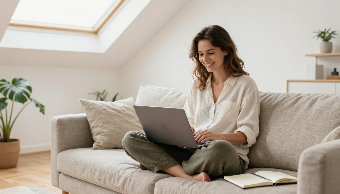 Woman sitting comfortably on a linen sofa with laptop, smiling warmly at her results