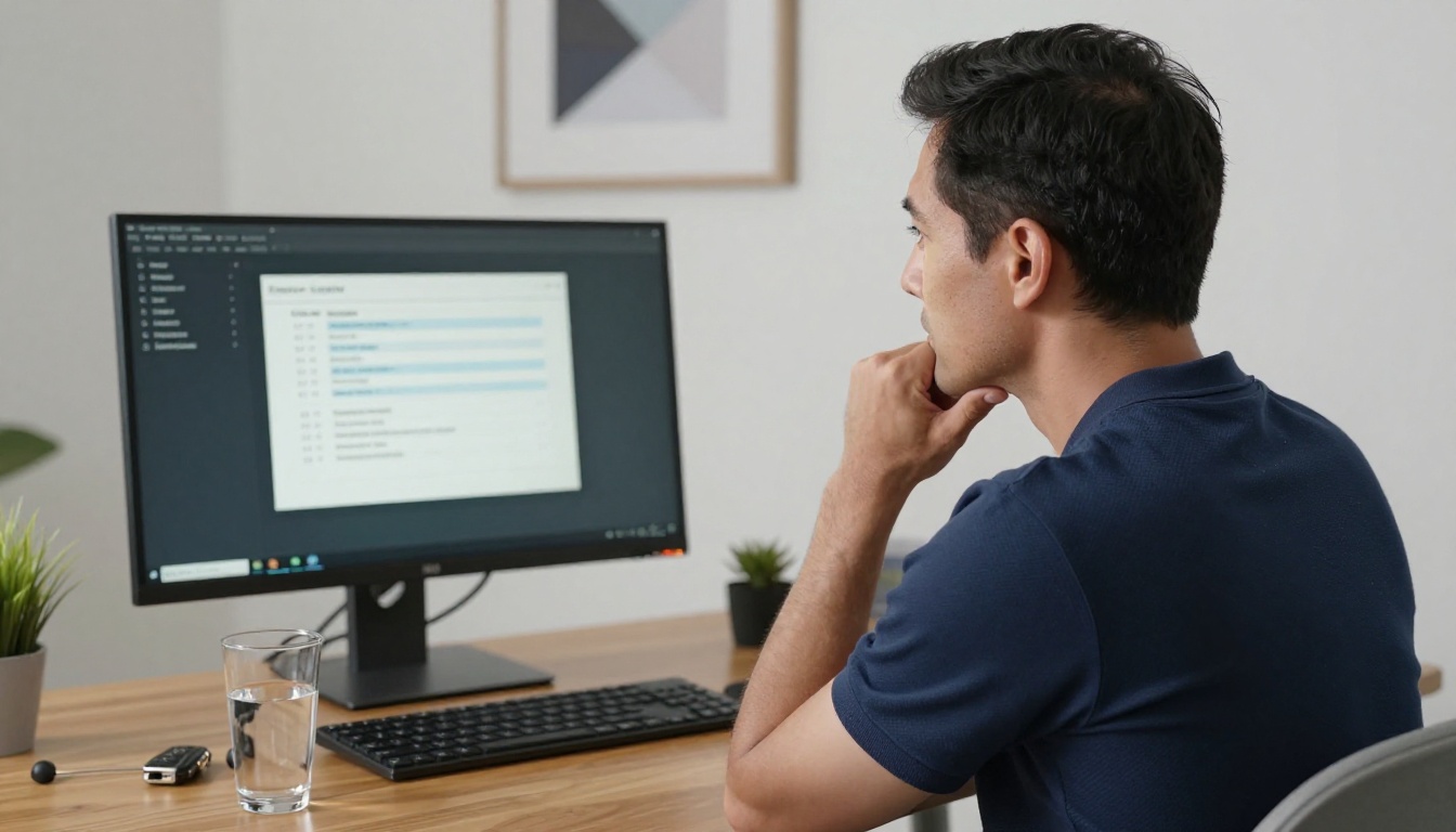 Man in side profile studying a software update dialog on his monitor with hand on chin