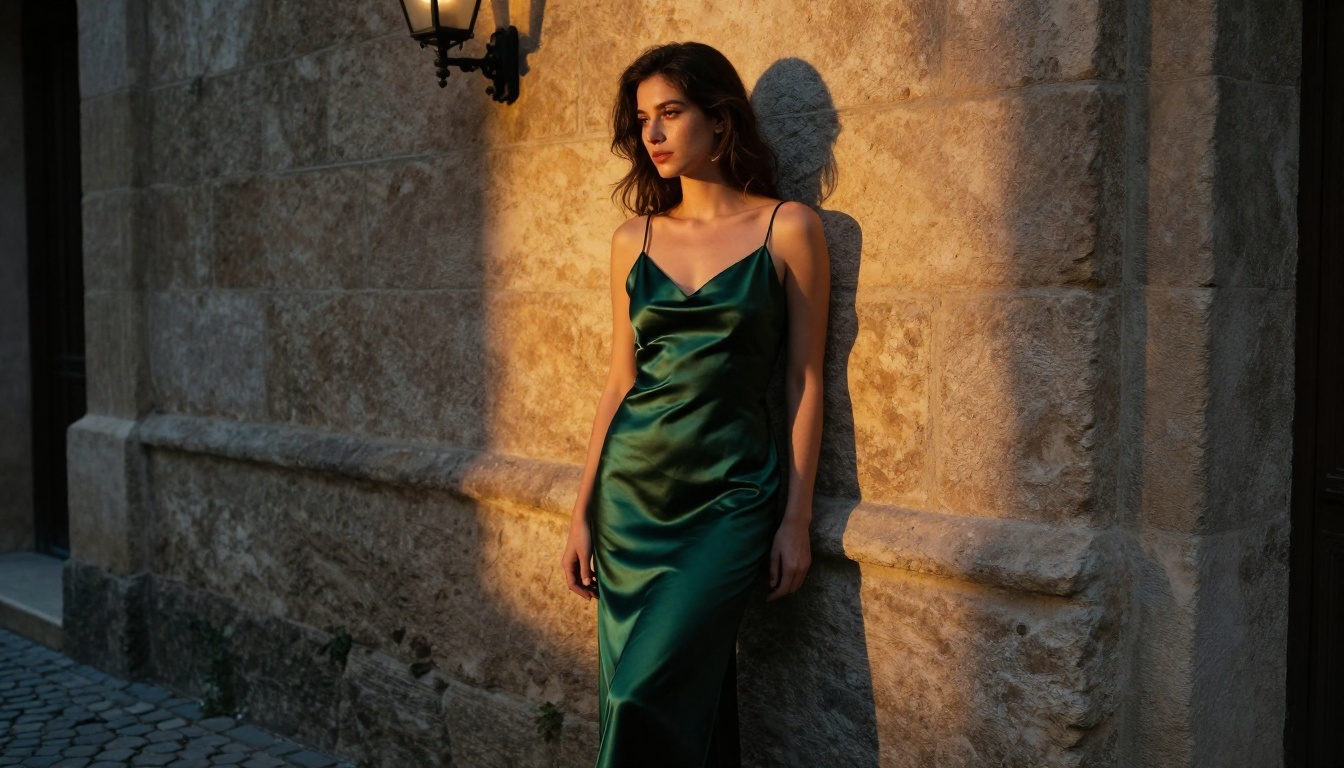 Woman in dark green satin slip dress against a stone wall at dusk, dramatic tungsten lamplight