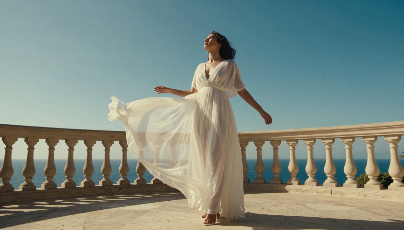 Woman in a flowing sheer white dress on a Mediterranean terrace at golden hour, low-angle dramatic perspective