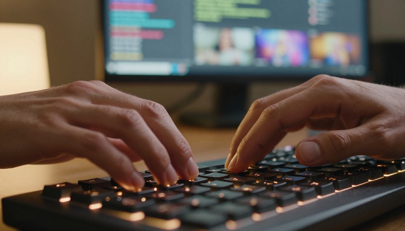 Typing prompts for AI video generation on a keyboard