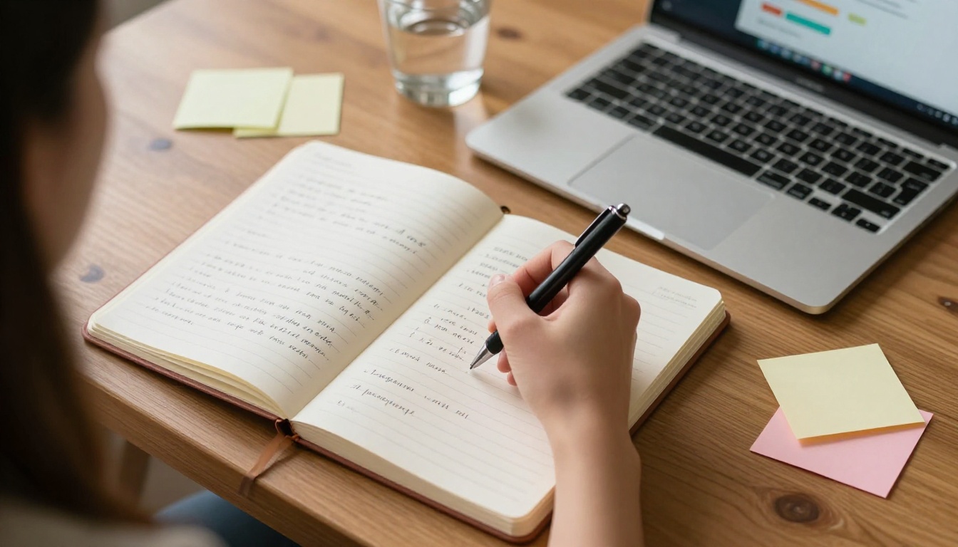 Planning video prompts in a notebook beside a laptop