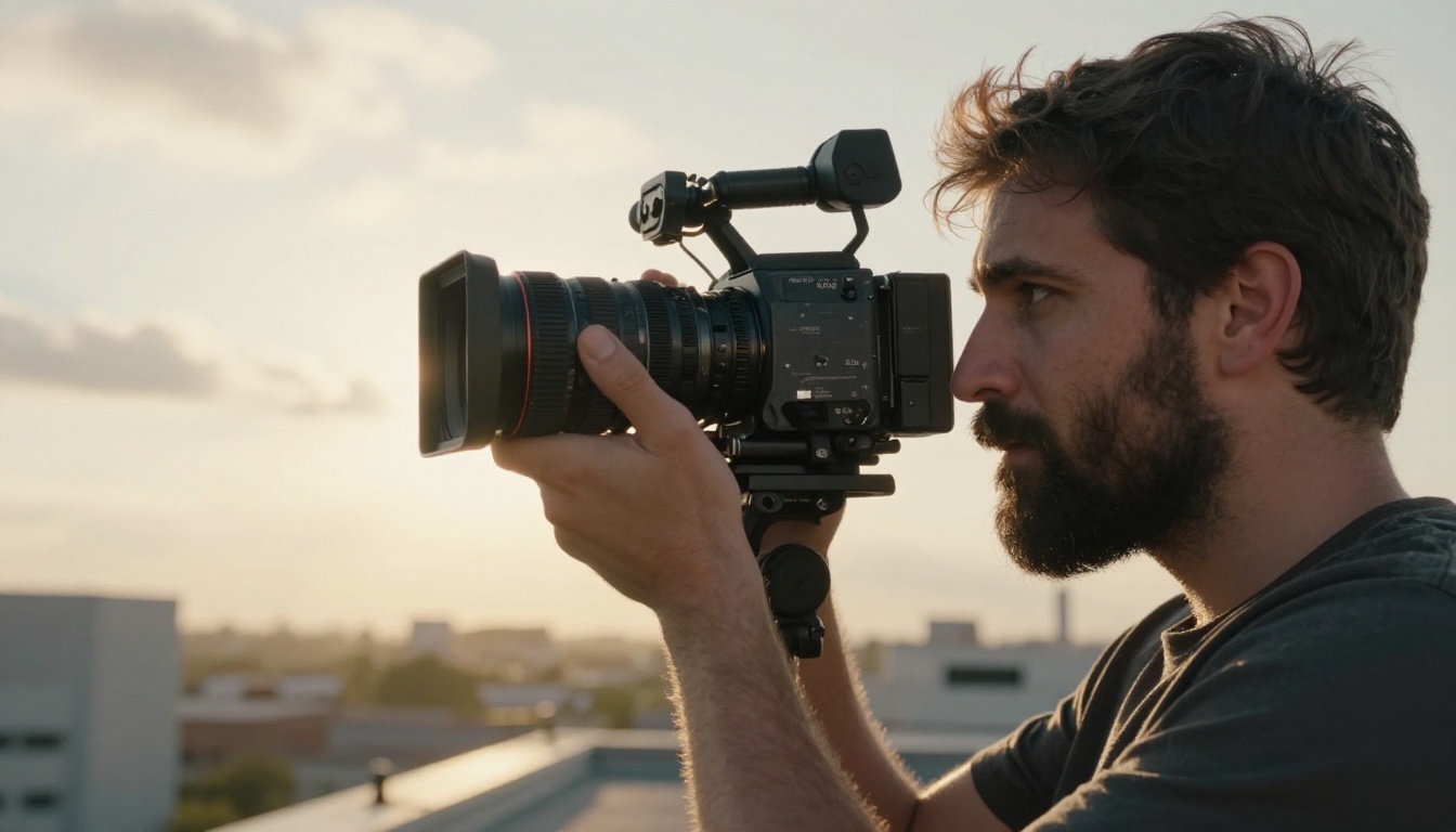 Professional filmmaker holding camera with golden hour lighting