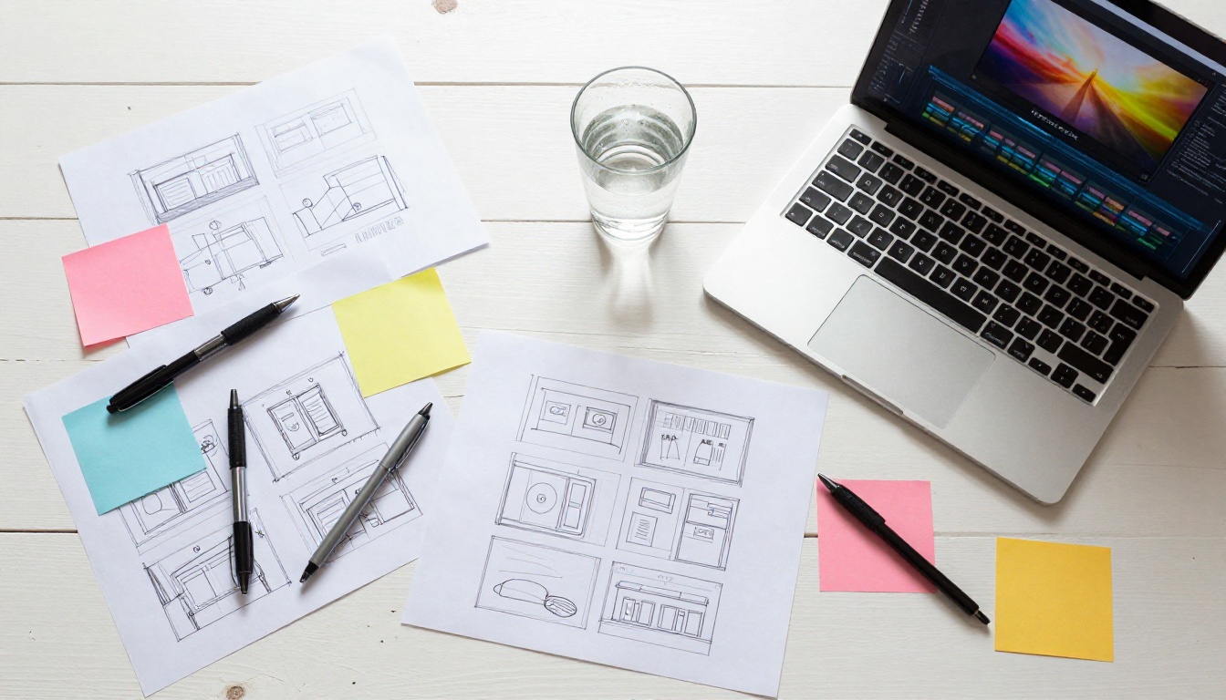Filmmaker's storyboard and planning materials on desk