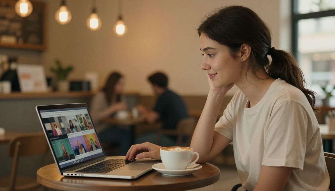 Woman reviewing AI video output on laptop in a cafe