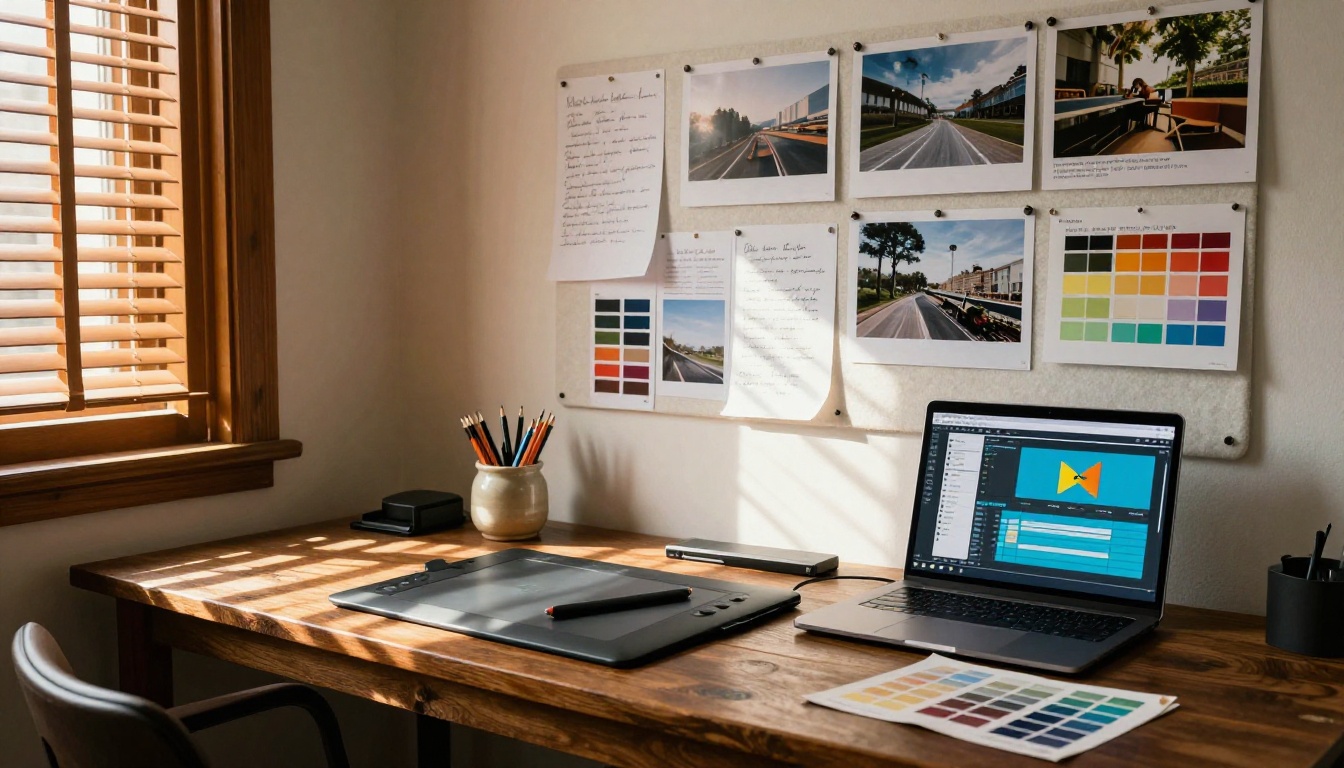 Creative studio workspace with mood board and video timeline