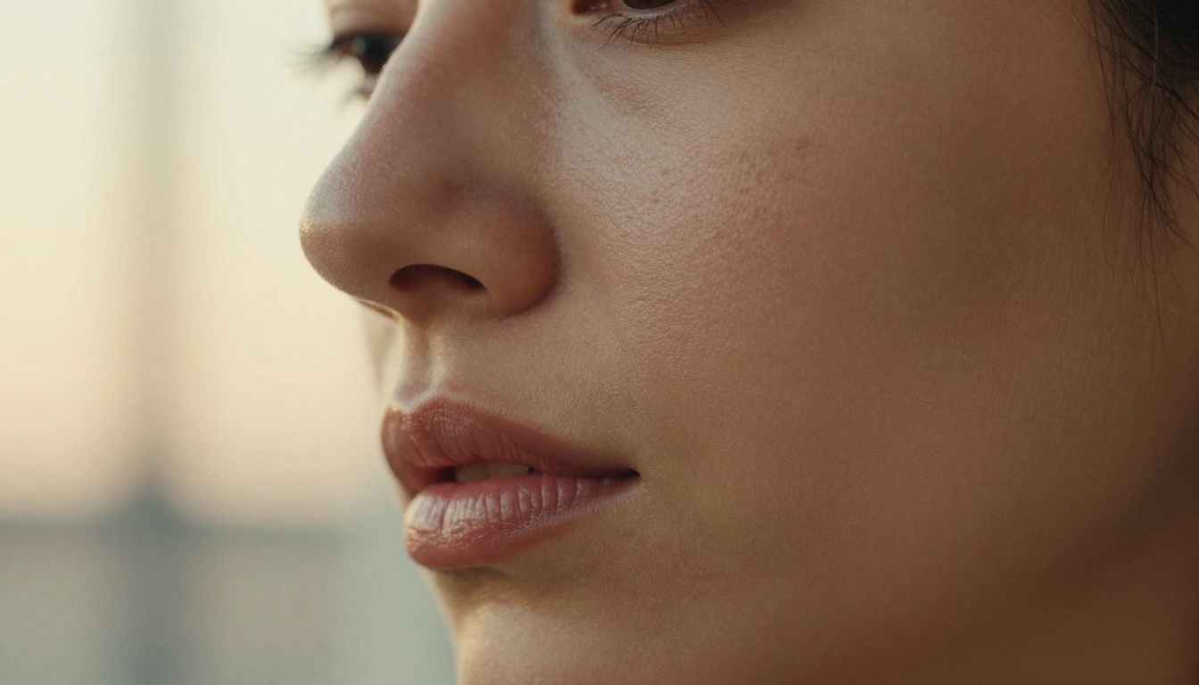 Close-up macro portrait showing natural skin pores and subsurface glow under golden-hour window light