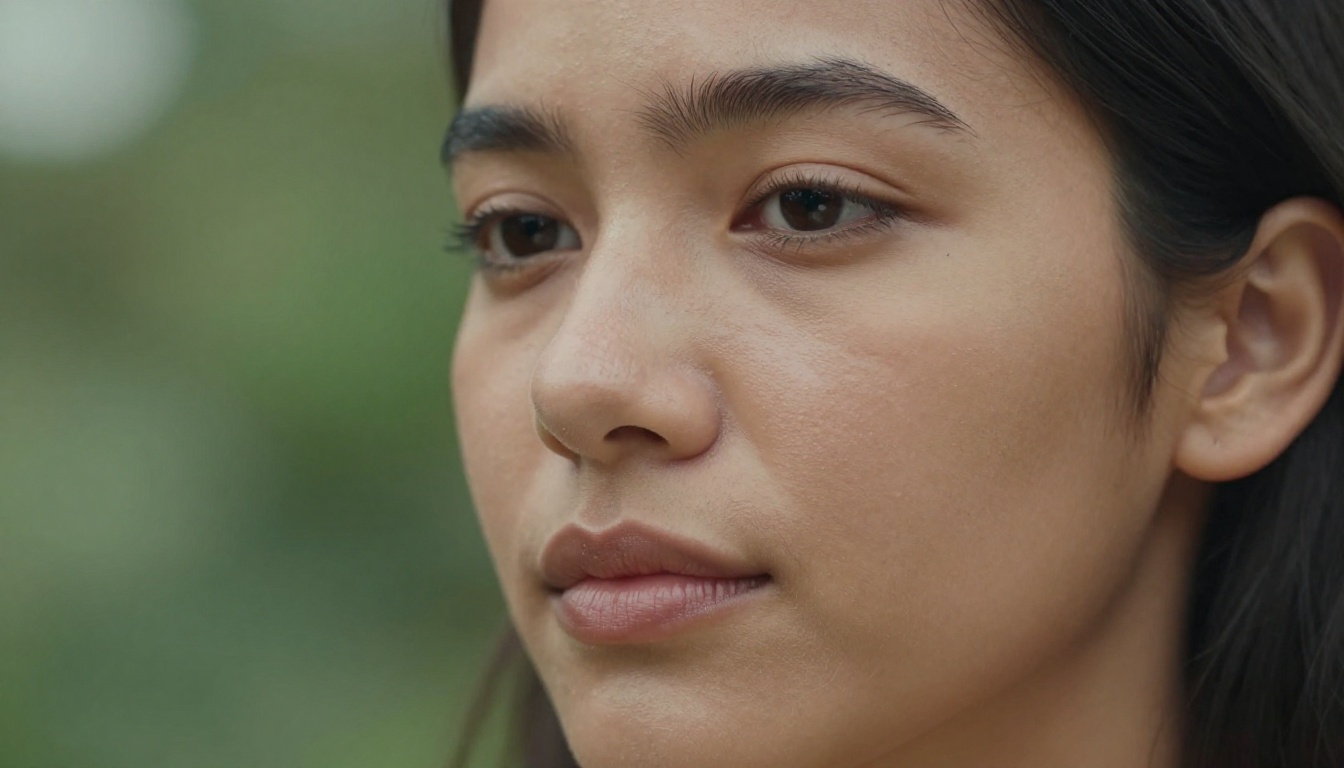 Portrait of a young woman with warm olive skin in natural afternoon light, showing authentic pore detail and skin tone variation