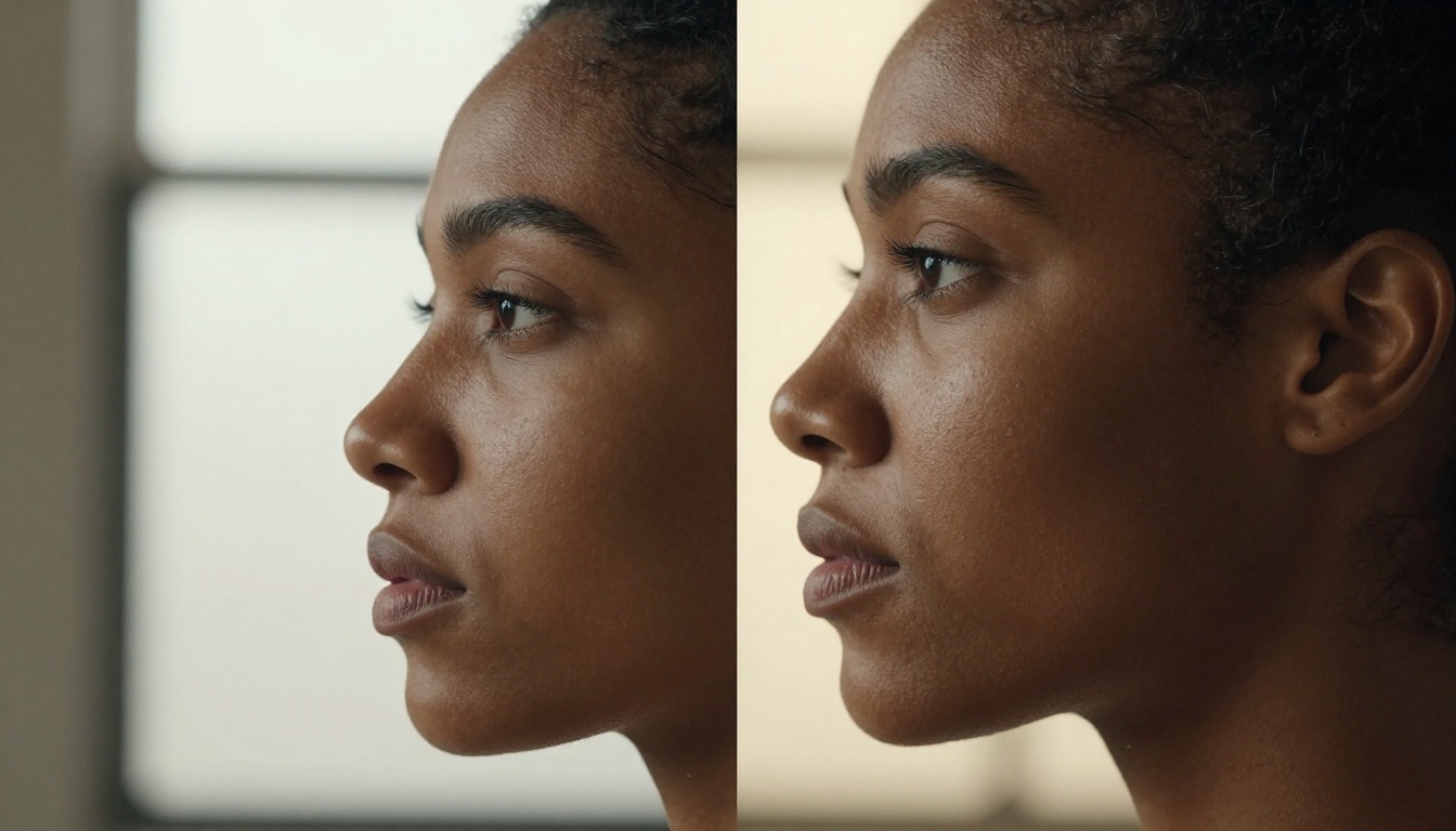 Side profile portrait of a woman with deep brown skin showing natural luminosity and pore texture under warm studio window light