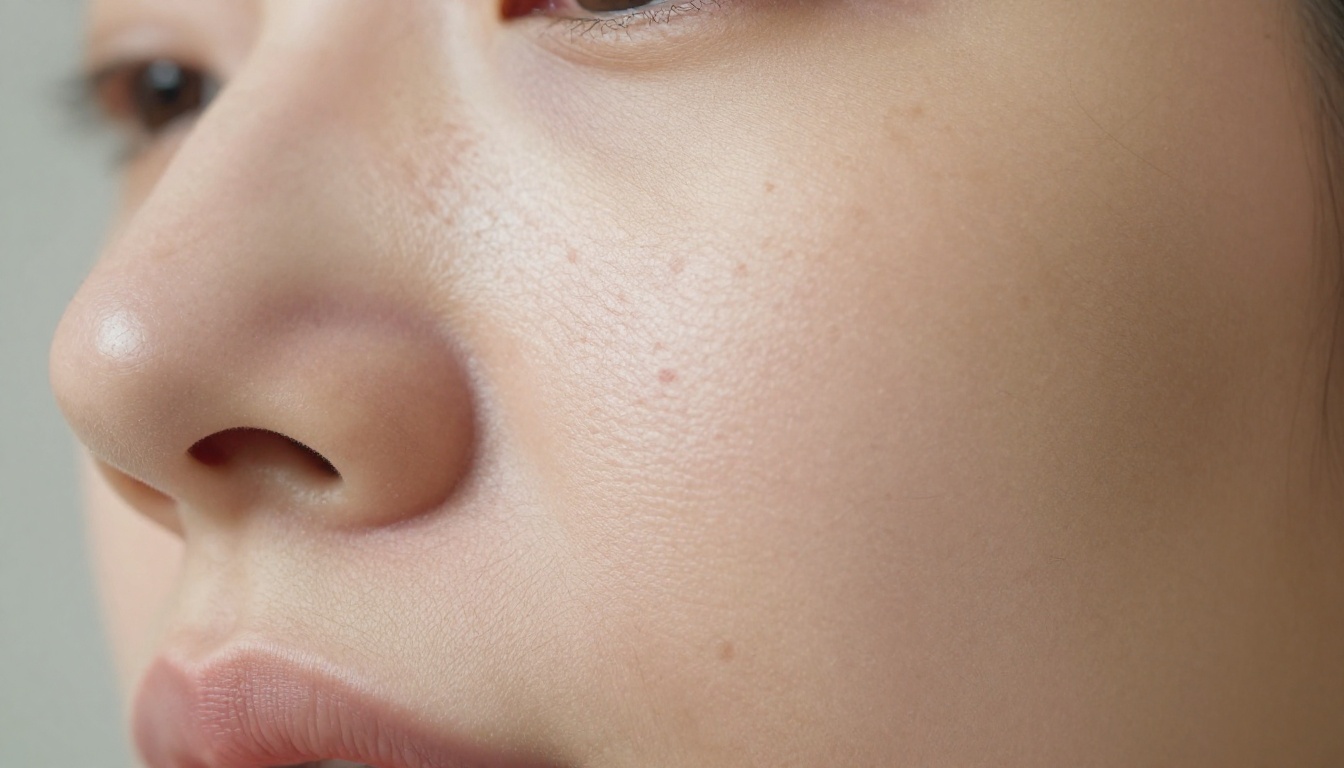 Extreme close-up of facial skin topography revealing natural pores, freckles, and vellus hair under diffused window light