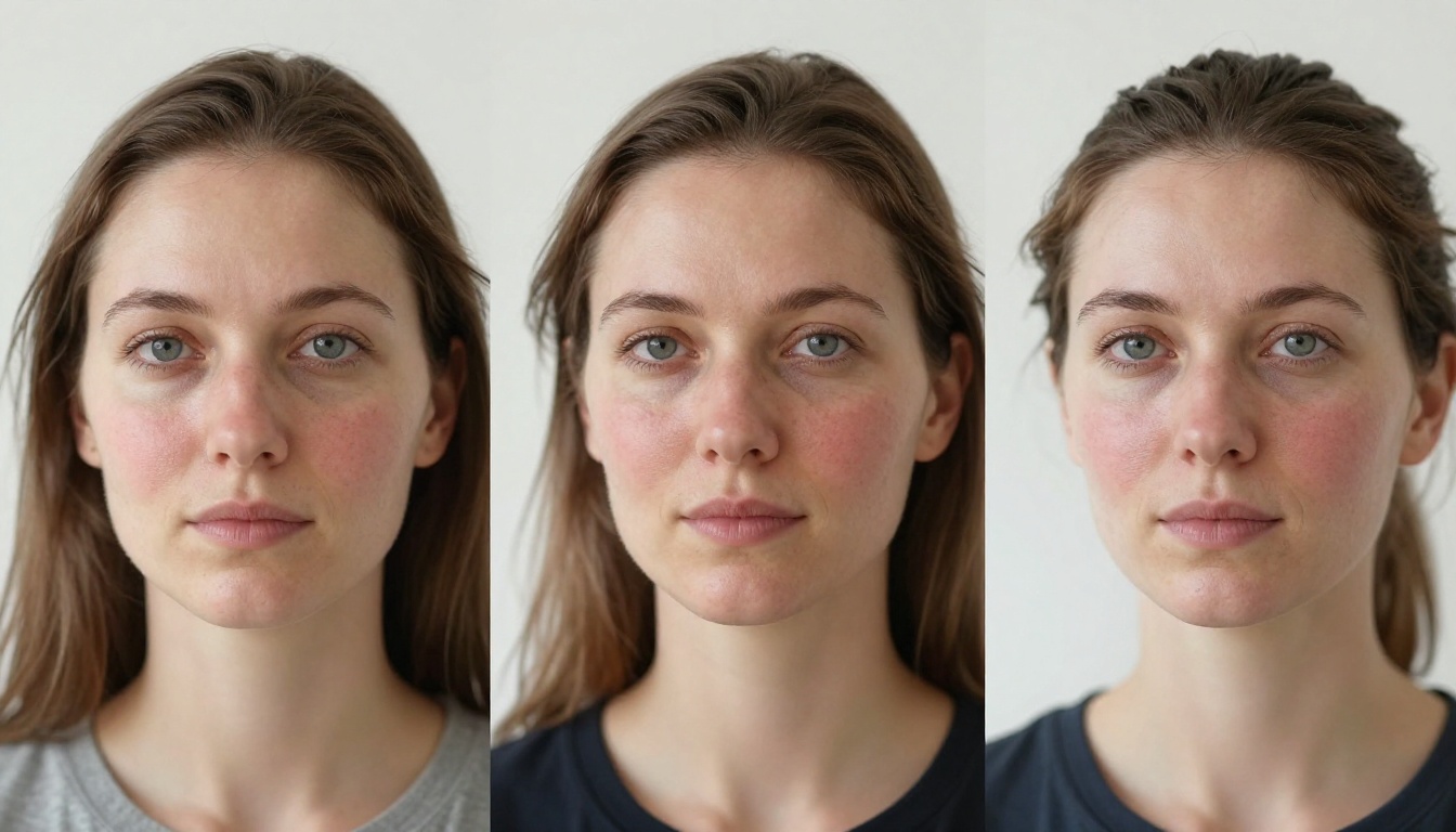 Three-quarter portrait of a woman with fair Nordic skin under bright overcast daylight showing uneven natural blush and fine expression lines