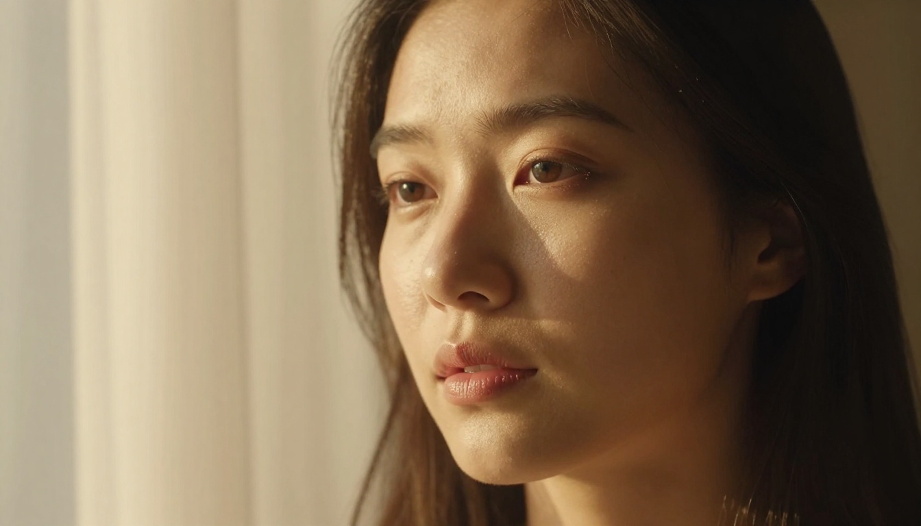 Portrait of a woman with warm golden-beige skin in afternoon light filtered through curtains, showing natural T-zone sheen and authentic pore detail