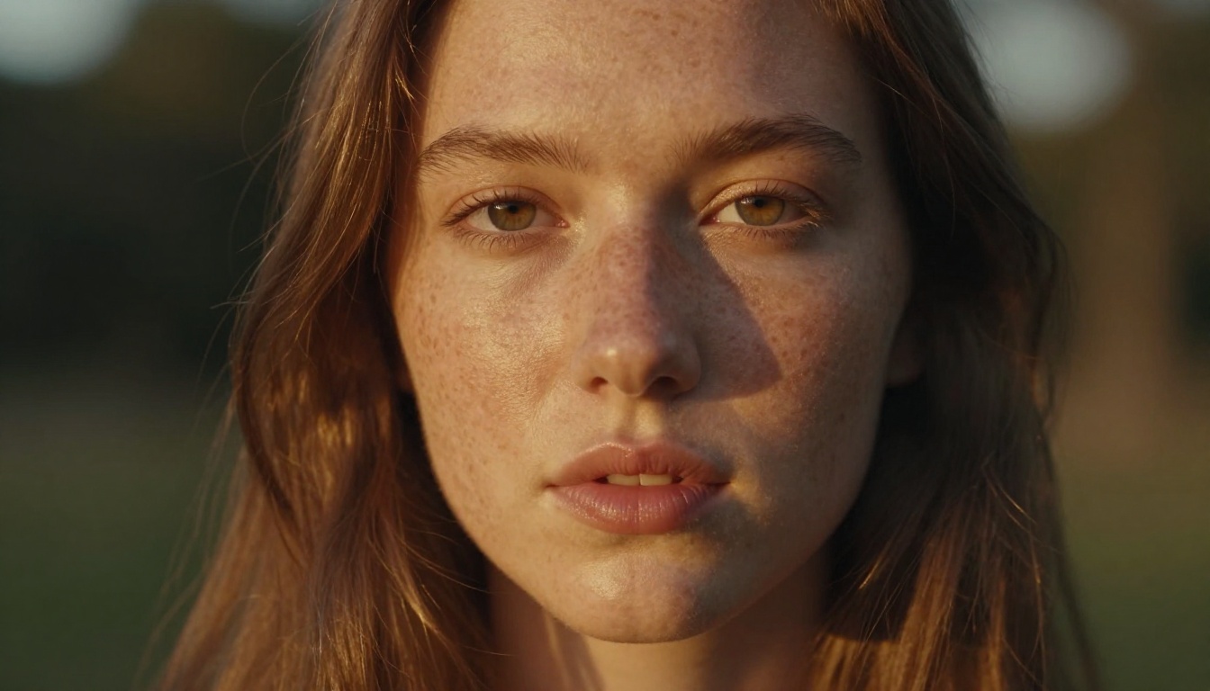 Portrait of a young woman with freckled fair skin in early morning golden light showing warm amber subsurface glow through the cheeks