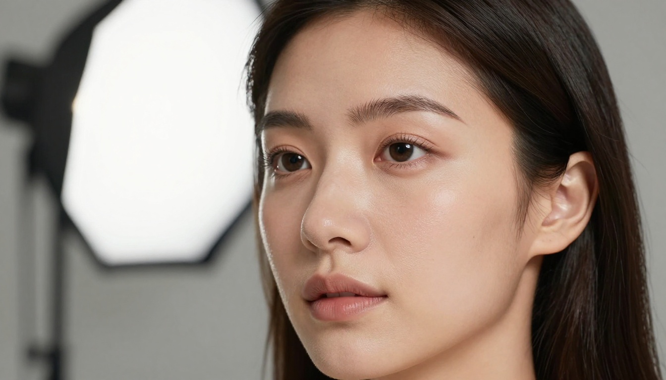 Woman in a bright airy studio with large softbox illumination, natural matte skin finish with authentic pore texture and warm undertones