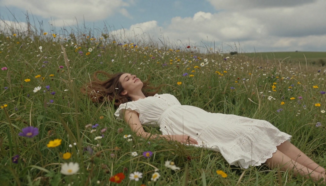 AI girlfriend lying in wildflower field aerial view