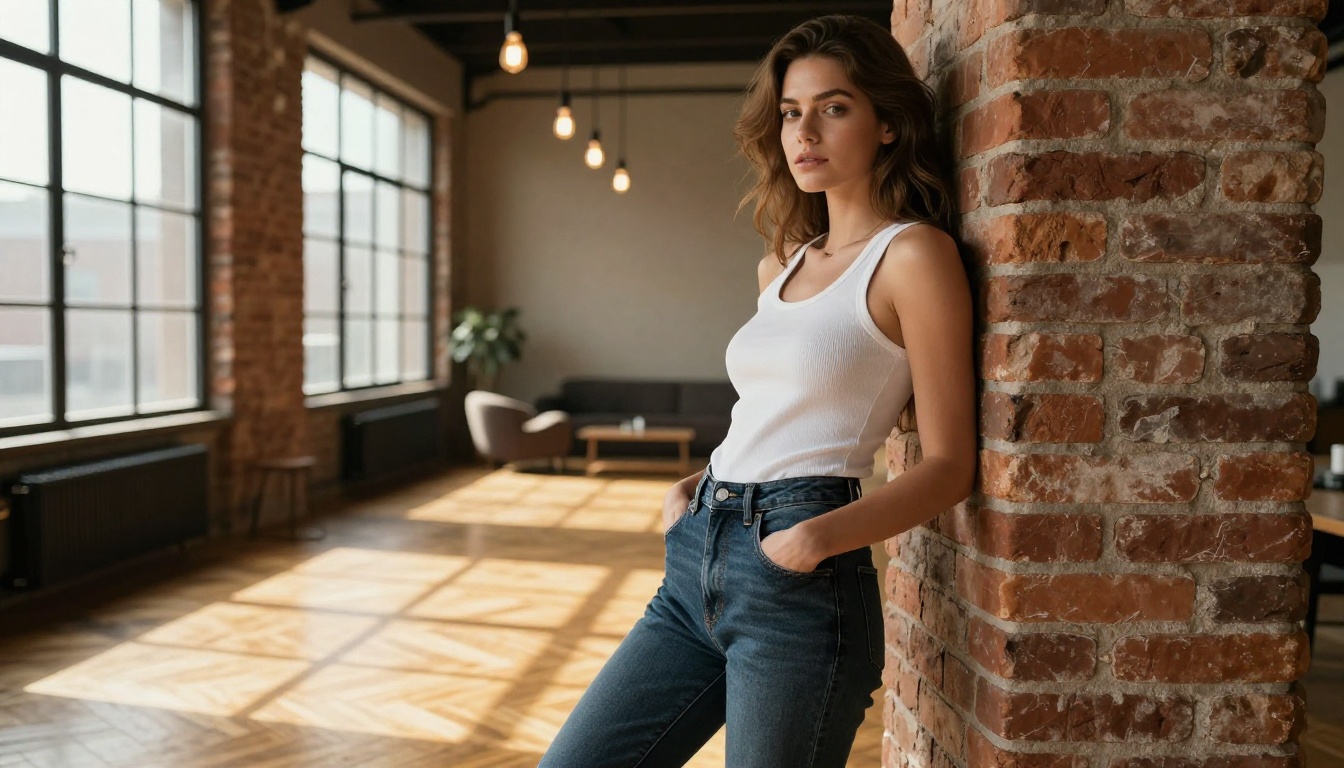AI girlfriend casual portrait loft apartment brick wall