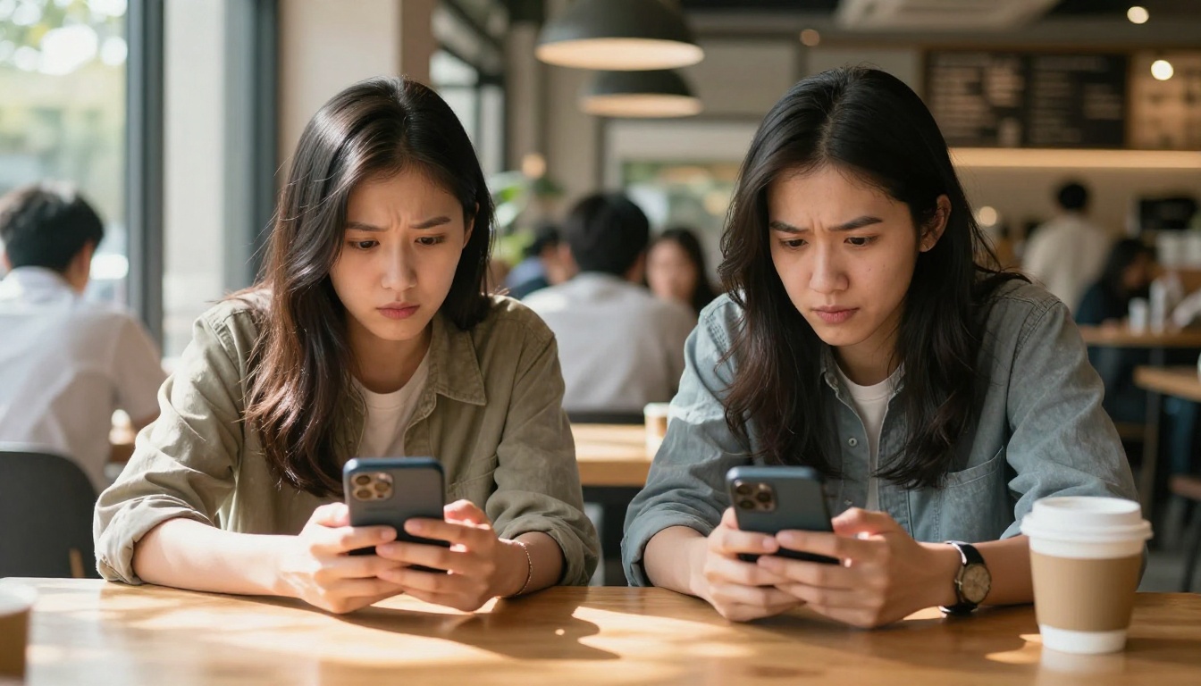 Two people comparing AI companion apps at a cafe, each holding their own smartphone Two people comparing AI companion apps at a cafe, each holding their own smartphone