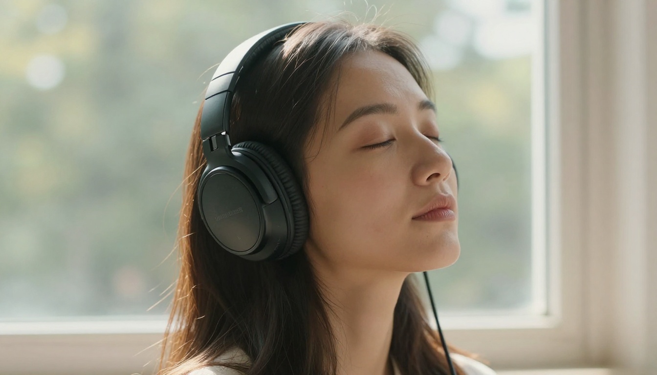 Woman with over-ear headphones listening intently to AI voice output by window Woman with over-ear headphones listening intently to AI voice output by window