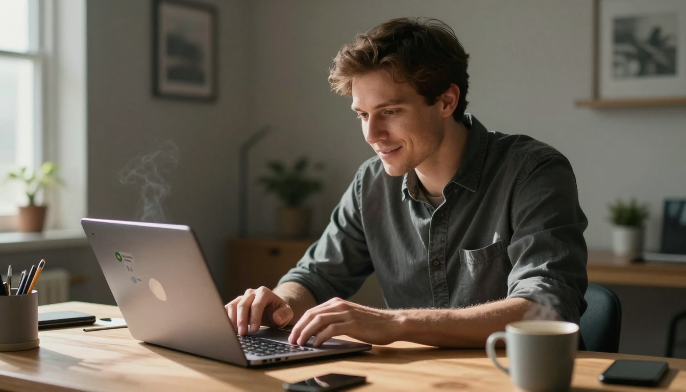 Man leaning forward engaged in natural conversation with AI companion on laptop Man leaning forward engaged in natural conversation with AI companion on laptop