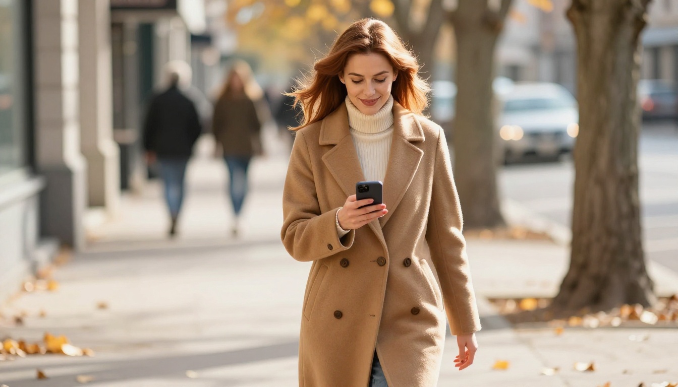 Woman walking in city checking her AI companion app