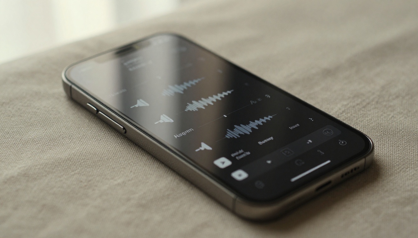Smartphone showing voice selection interface resting on linen fabric surface Smartphone showing voice selection interface resting on linen fabric surface