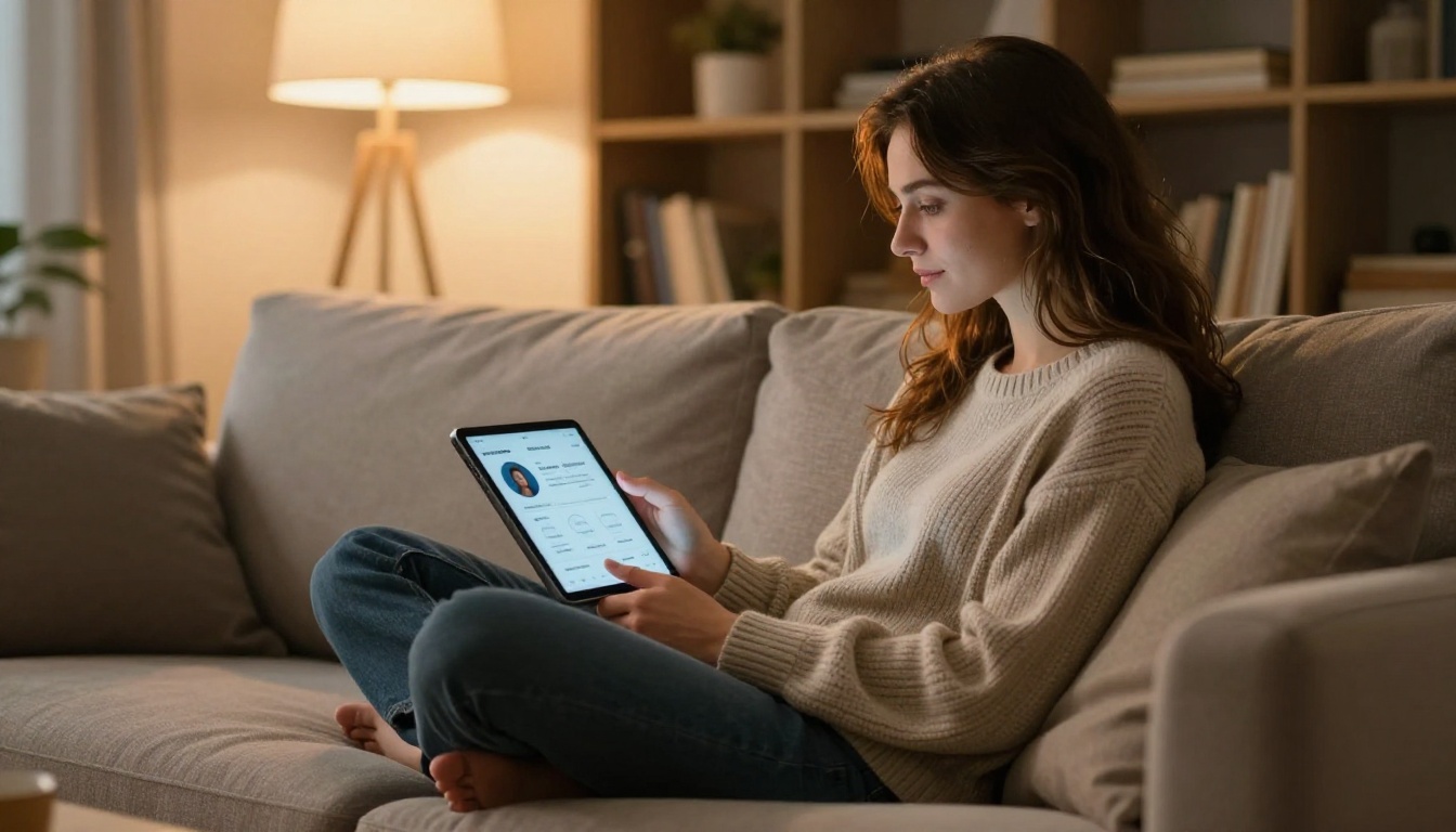 Woman relaxing on sofa using AI companion app on tablet in warm evening light Woman relaxing on sofa using AI companion app on tablet in warm evening light