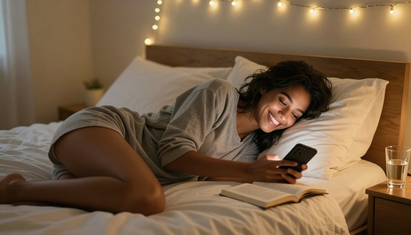 Woman lying on bed laughing at her AI companion conversation