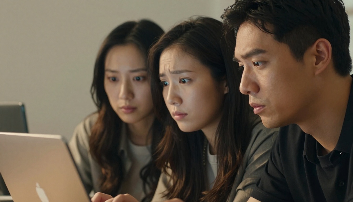 Man and woman with contrasting reactions examining AI platform responses on laptop Man and woman with contrasting reactions examining AI platform responses on laptop