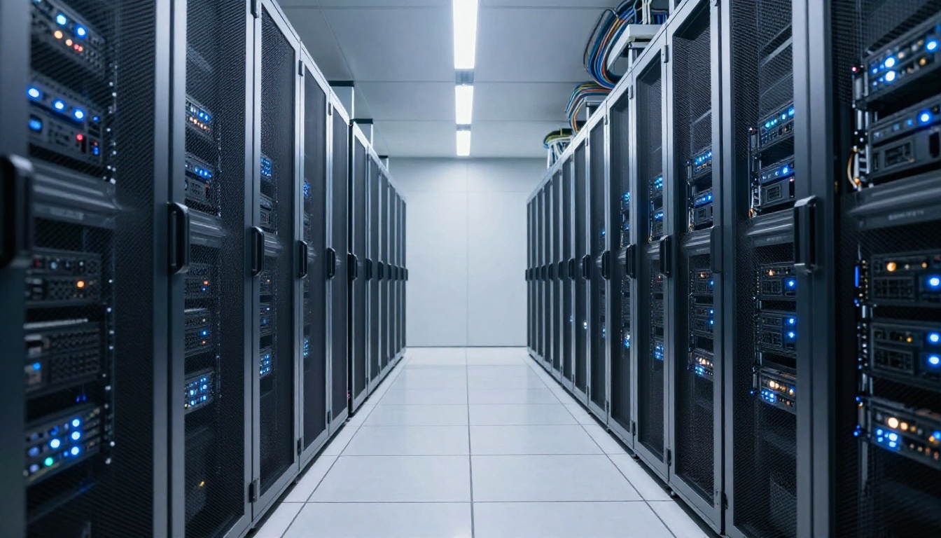 Modern server room corridor with rows of server racks