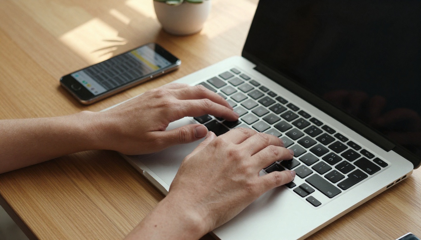 Woman's hands typing on laptop with speech synthesis app visible on adjacent smartphone Woman's hands typing on laptop with speech synthesis app visible on adjacent smartphone